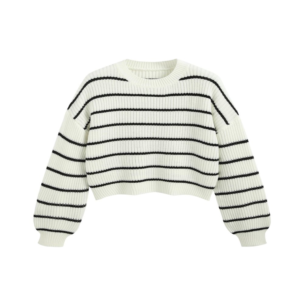 CIDER Womens Cropped Striped Sweater Long Sleeve Crew Neck Trendy Pullover Tops: White, XL