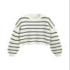 CIDER Womens Cropped Striped Sweater Long Sleeve Crew Neck Trendy Pullover Tops: White, XL view 1