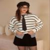 CIDER Womens Cropped Striped Sweater Long Sleeve Crew Neck Trendy Pullover Tops: White, XL view 2