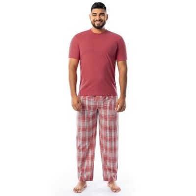 IZOD Men's Short Sleeve Jersey Top and Printed Pants Pajama Sleep Set, Red/Red Plaid, Small