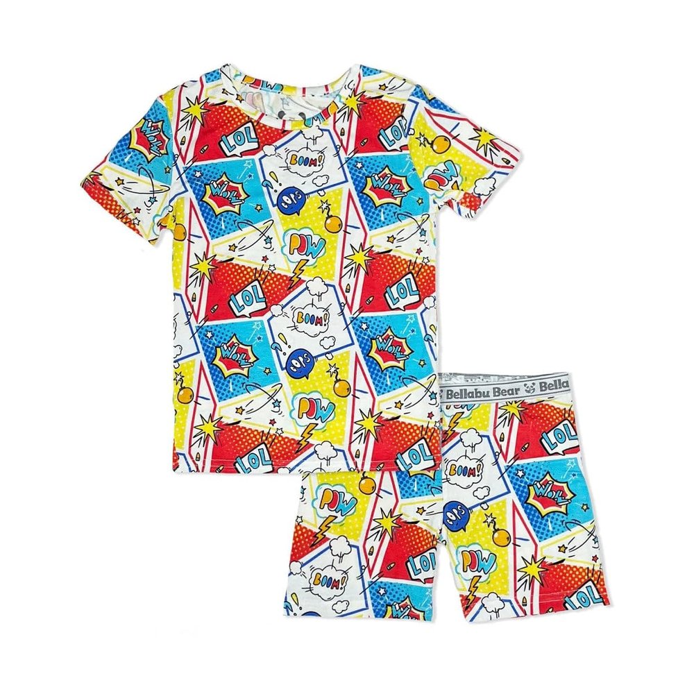 Bellabu Bear Kids Shorts Set for Boys & Girls, Matching Family Pajamas, Rayon from Bamboo (as1, age, 7_years, 8_years, Comic Hero)