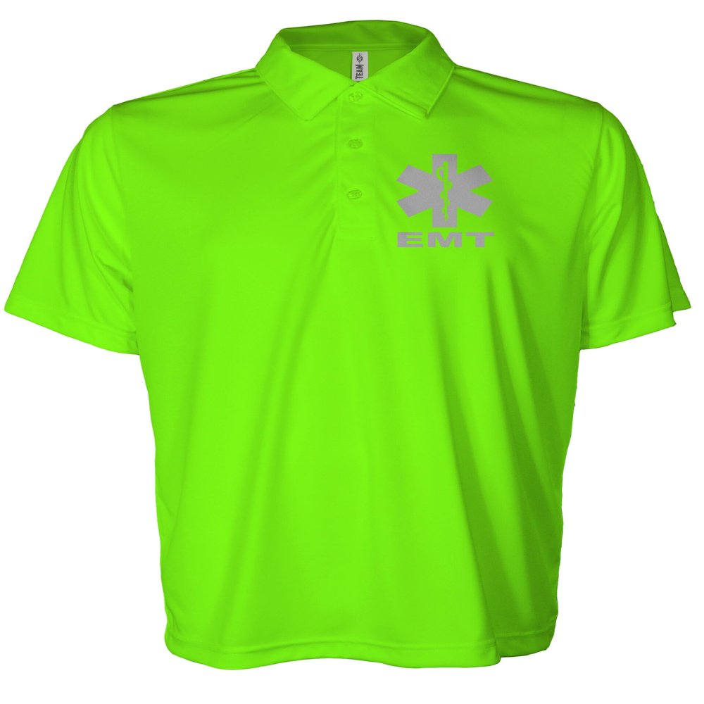 EMT Polo in Safety Green with Silver/Reflective Design, Performance Polo w/Moisture Wicking Technology