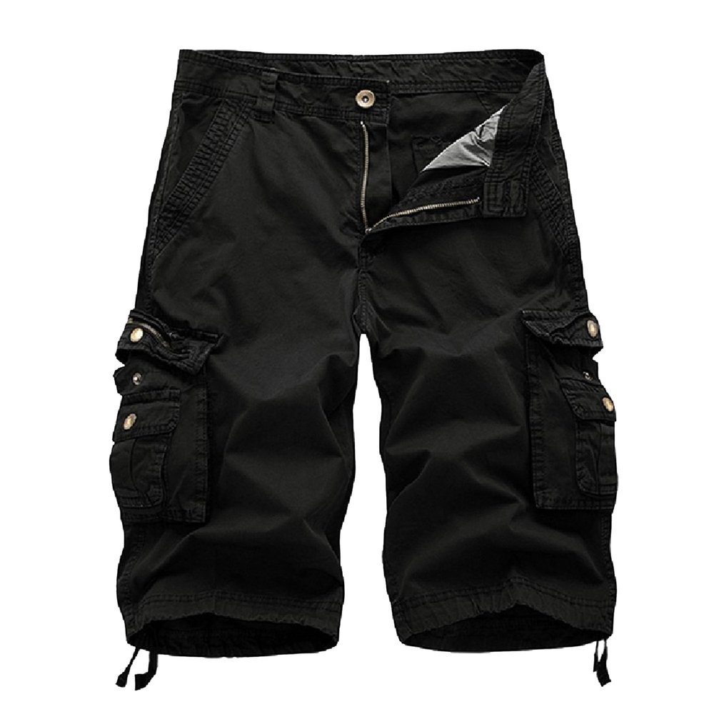 QOAAIE Mens Twill Cotton Cargo Shorts Multi Pocket Outdoor Casual Beach Shorts Relaxed Fit Workout Military Shorts (Black,30)