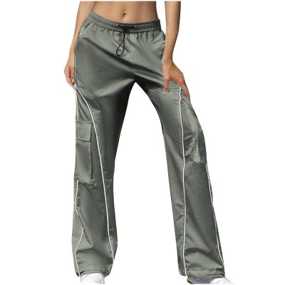 Akklian Fashion Cargo Pants Women Baggy Wide Leg Drawstring Joggers Trousers Y2K Teen Girls Outdoor Streetwear with Pockets Gray