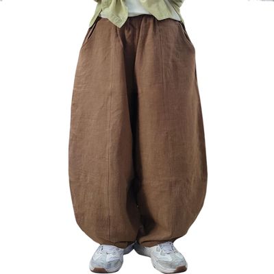 DMOYALA Womens Linen Pants Barrel Solid Khaki Casual Loose Cotton Linen Wide Leg Baggy Lantern Trouser Flowy Elastic Waist Hippie with Pockets for Women M
