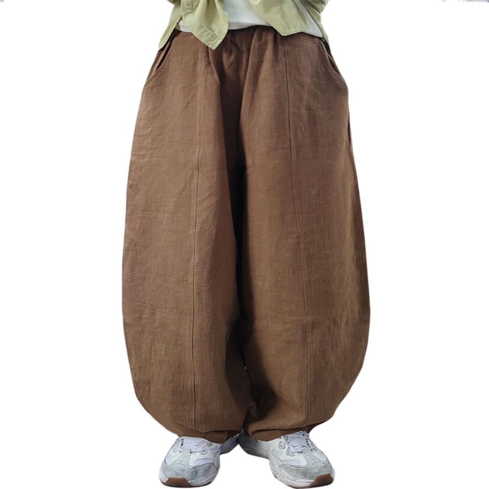 DMOYALA Womens Linen Pants Barrel Solid Khaki Casual Loose Cotton Linen Wide Leg Baggy Lantern Trouser Flowy Elastic Waist Hippie with Pockets for Women M