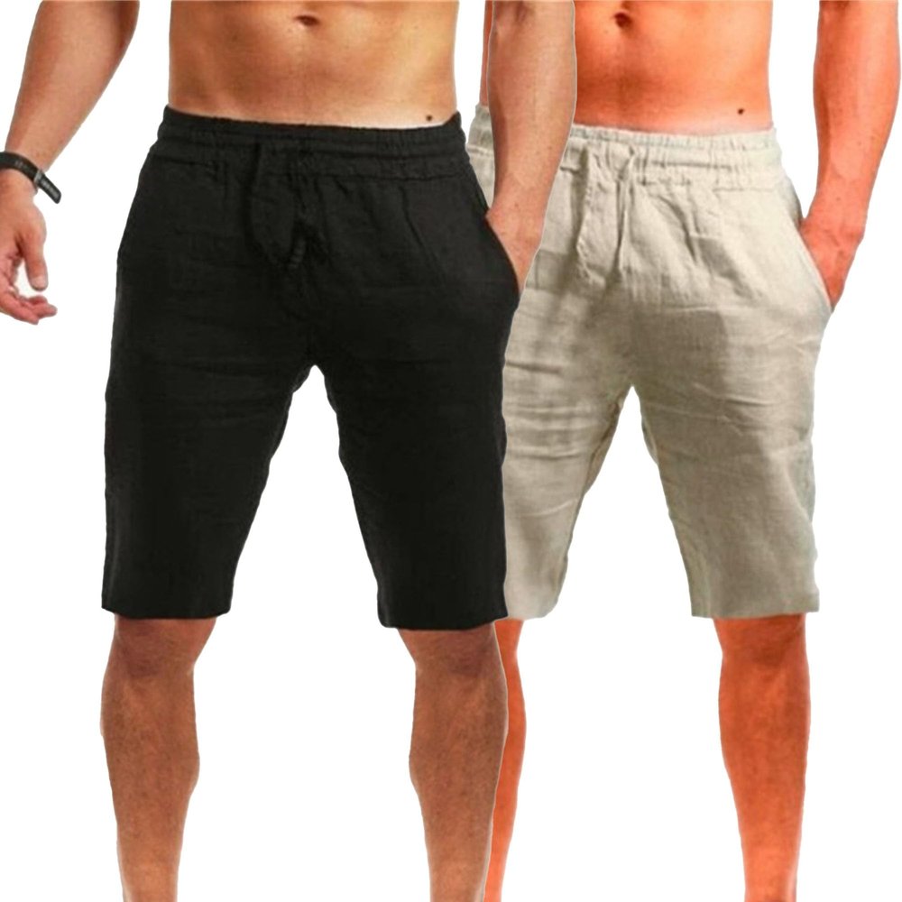 QOAAIE 2 Pack Men's Linen Shorts Casual Drawstring Summer Beach Shorts Loose Fit Athletic Gym Golf Shorts with Pockets (Black/Grey2,Medium)