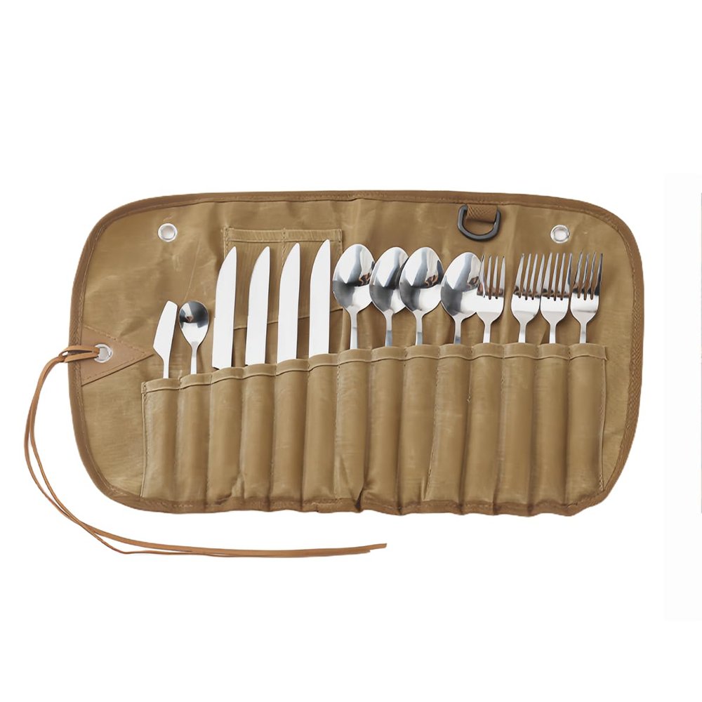 NineFit Basics Cutlery Storage Roll Bag, Camping Cutlery Roll Bag, Kitchen Cutlery Holder Spoon Fork Storage Rack Organizer Utensils (Khaki,49.5 * 28cm)