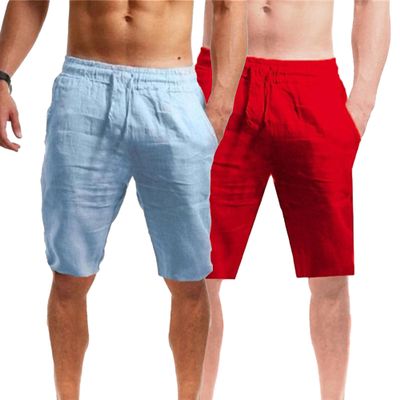 QOAAIE 2 Pack Men's Linen Shorts Casual Drawstring Summer Beach Shorts Loose Fit Athletic Gym Golf Shorts with Pockets (Blue/Red,Small)