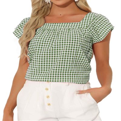 Allegra K Gingham Tops for Women Summer Cute Cap Sleeve Square Neck Plaid Shirts Casual Blouses Medium Green White
