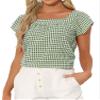 Allegra K Gingham Tops for Women Summer Cute Cap Sleeve Square Neck Plaid Shirts Casual Blouses Medium Green White view 1