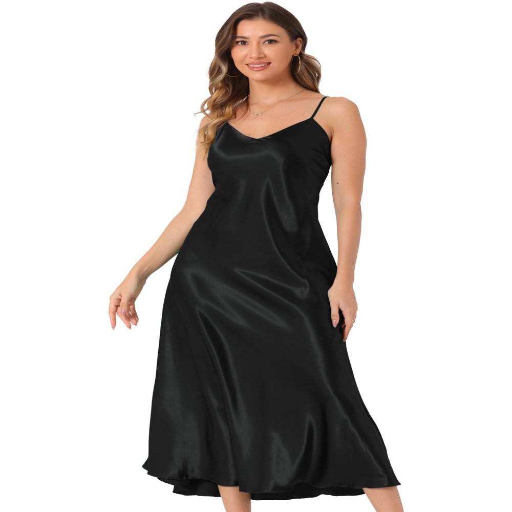 Allegra K Satin Sleeveless Long Dresses for Women's V Neck Spaghetti Strap Evening Party Silky Maxi Dress Small Black
