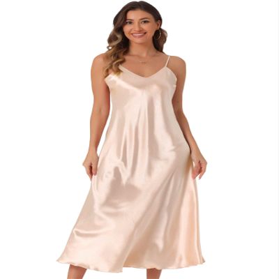 Allegra K Satin Sleeveless Long Dresses for Women's V Neck Spaghetti Strap Evening Party Silky Maxi Dress Small Champagne