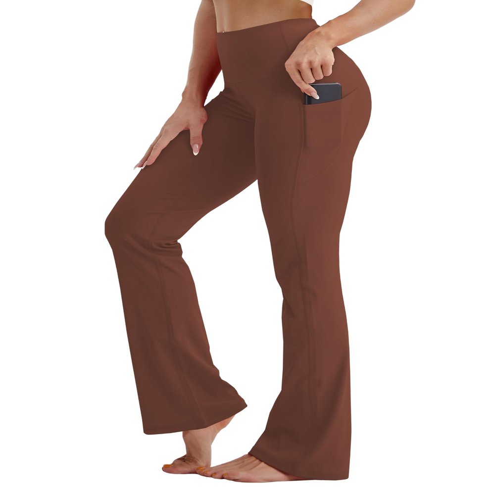 BUBBLELIME 29"/31"/33"/35" 4 Styles Women's Tummy Control Bootcut Yoga Pants - Side Pockets_Dark_Coffee XS-31 Inseam