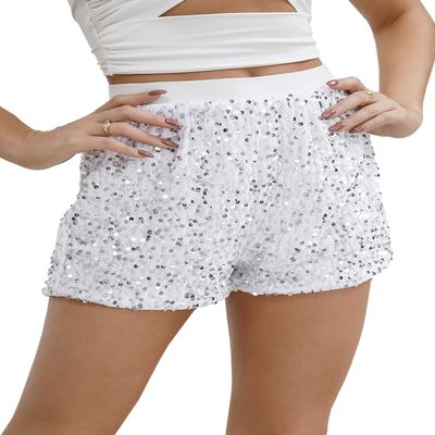 TYNORA Women's Sequin Shorts Shiny Sexy Dance Shorts High Waist Elastic Straight Leg Short Party Club Outfits White XL