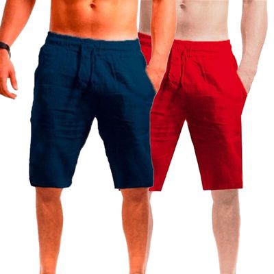 QOAAIE 2 Pack Men's Linen Shorts Casual Drawstring Summer Beach Shorts Loose Fit Athletic Gym Golf Shorts with Pockets (D-Blue/Red,X-Large)