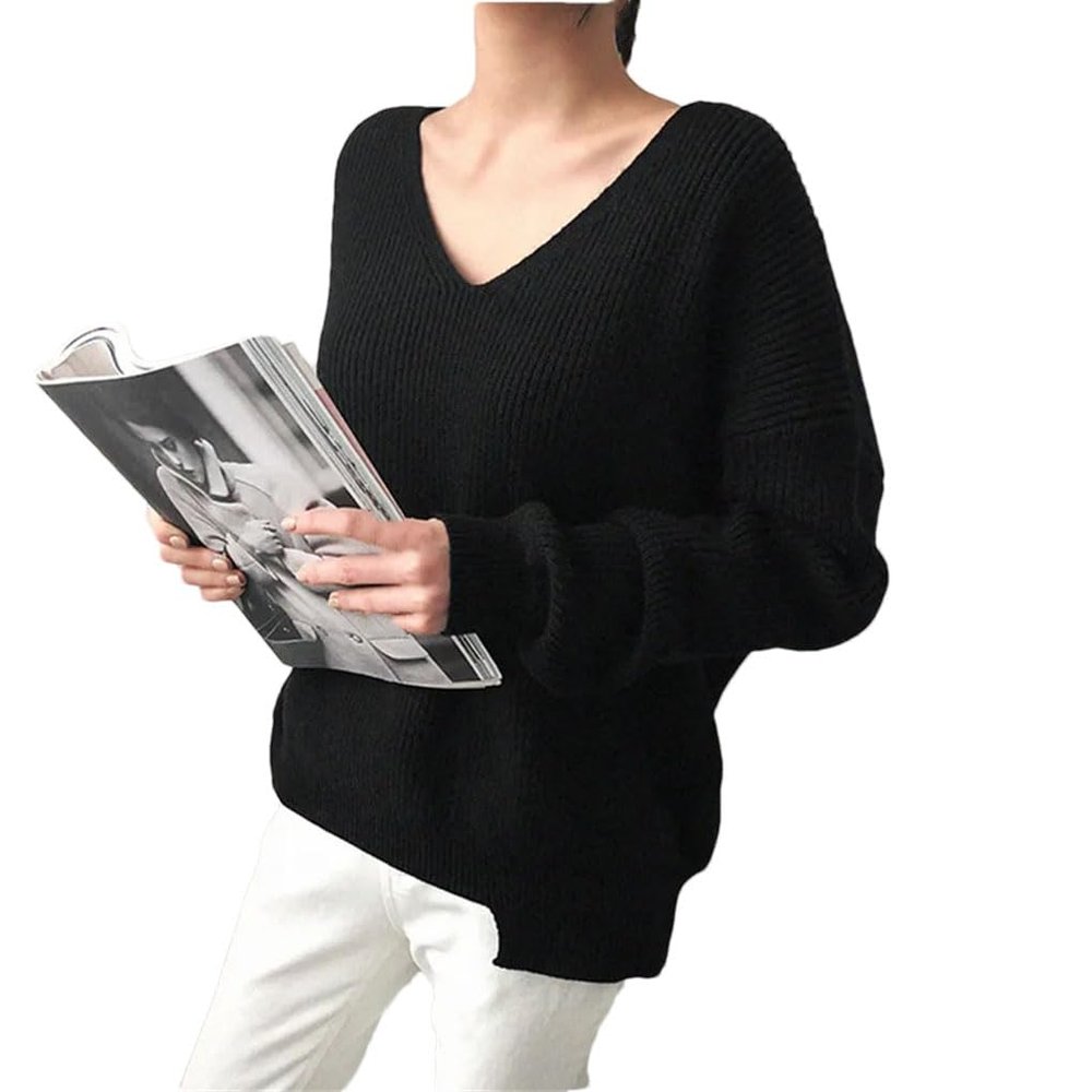 Acrylicers V-Neck Solid Pullovers Knitted Tops Long Sleeve Fleece Jumpers Soft Warm Sweater 2-One Size