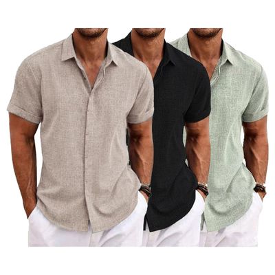 1/2/3 Pack Men's Linen Shirt Textured Shirts Casual Button Down Collar Tops Summer Beach Shirt Vacation Shirts (M,Apricot2+Black+Green3)