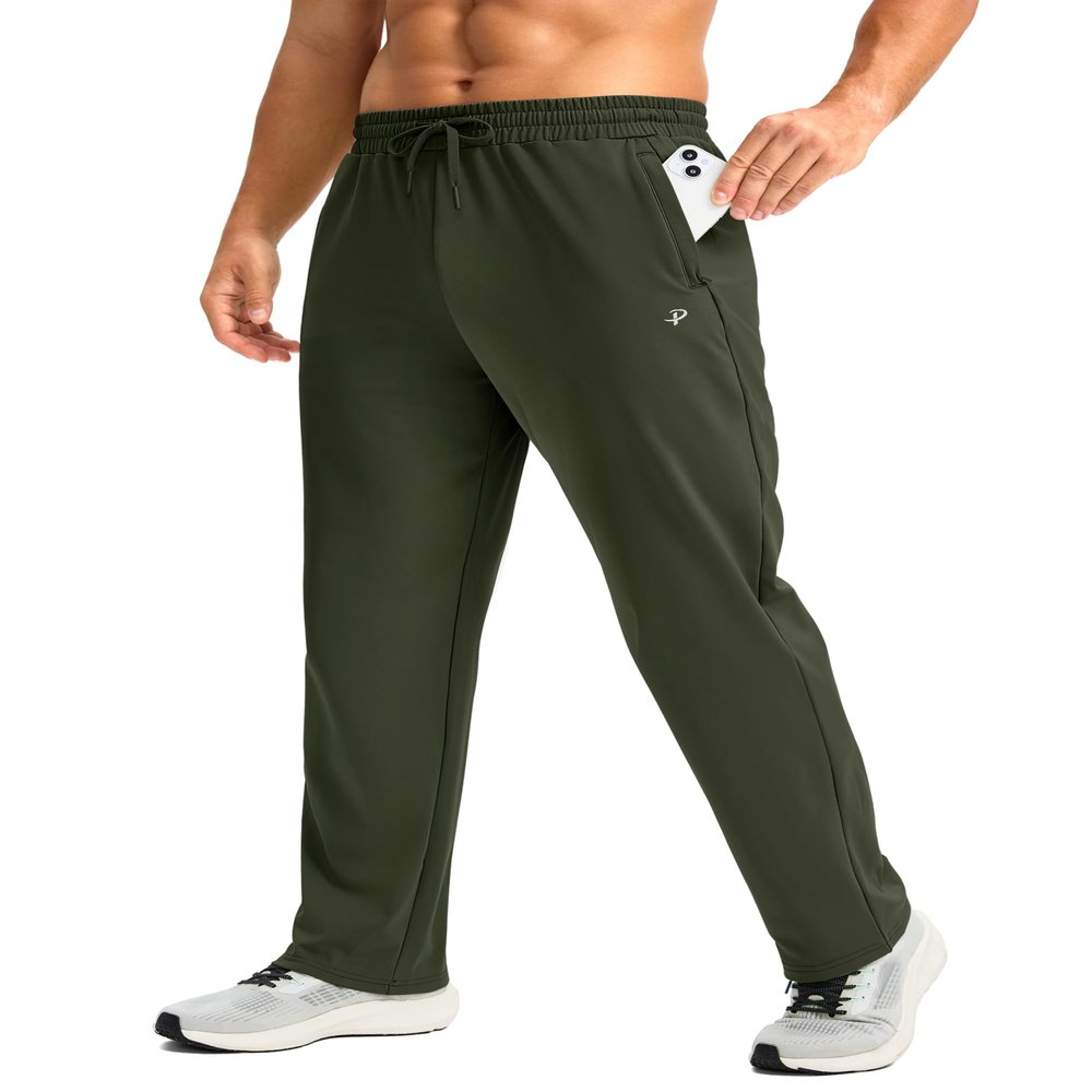 Pudolla Men's Fleece Lined Sweatpants with Zipper Pockets Winter Warm Water Resistant Athletic Pants for Workout Running(Olive Green XX-Large)