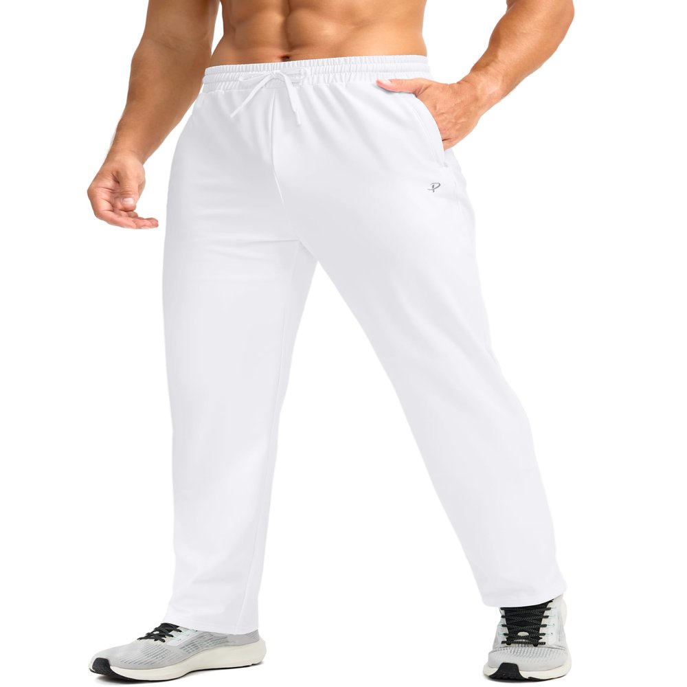 Pudolla Men's Fleece Lined Sweatpants with Zipper Pockets Winter Warm Water Resistant Athletic Pants for Workout Running(White Medium)
