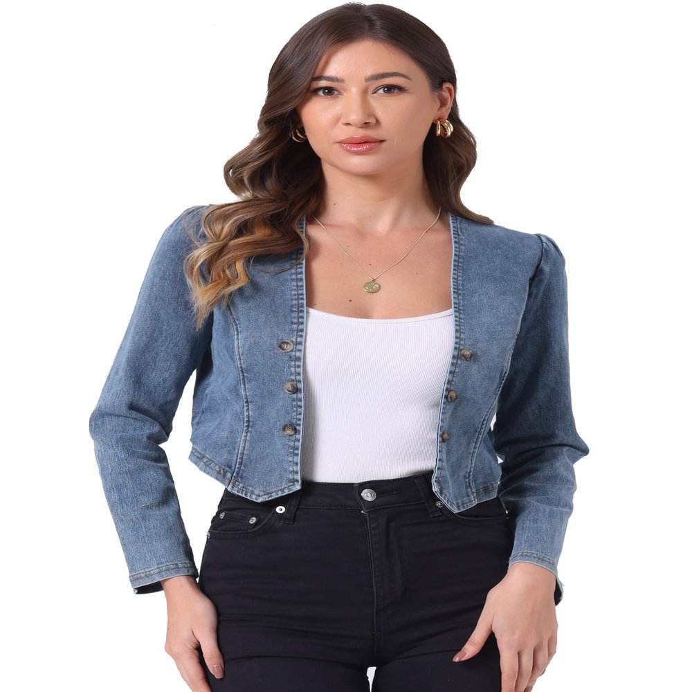 Allegra K Denim Collarless Cropped Jackets for Women's Open Front Jean Cardigan Bolero Shrug X-Large Dusty Blue