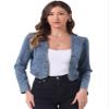 Allegra K Denim Collarless Cropped Jackets for Women's Open Front Jean Cardigan Bolero Shrug X-Large Dusty Blue