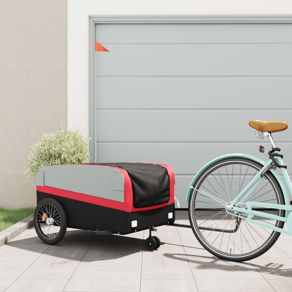 GOLINPEILO Bike Trailer Bicycle Cargo Trailer, Bike Wagon Trailer, Bike Cart with Safety Flag, Black and Red 99.2 lb Iron, 49.6"x24.8"x20.1"