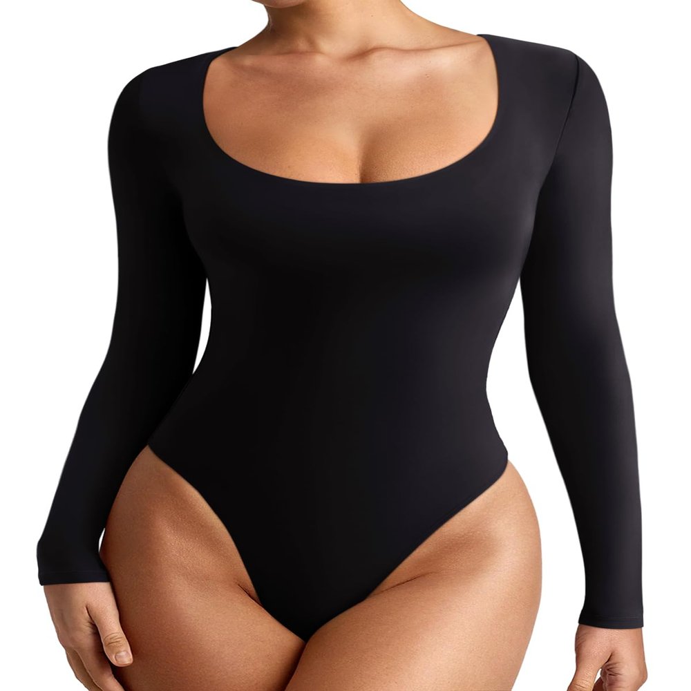 REORIA Womens Fall Outfits Basic Scoop Neck Long Sleeve Leotards Fashion Sexy Double Lined Layering Slim Body Suit Tops Plus Size Black XX-Large