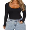 REORIA Womens Fall Outfits Basic Scoop Neck Long Sleeve Leotards Fashion Sexy Double Lined Layering Slim Body Suit Tops Plus Size Black XX-Large view 2