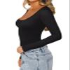 REORIA Womens Fall Outfits Basic Scoop Neck Long Sleeve Leotards Fashion Sexy Double Lined Layering Slim Body Suit Tops Plus Size Black XX-Large view 3