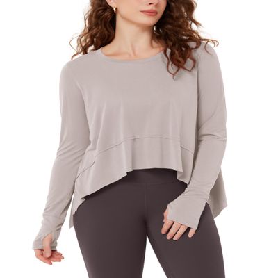 ODODOS Long Sleeve Tee for Women with Thumb Hole Athletic Gym Workout Crop Tops Yoga Shirts, Light Beige, Large