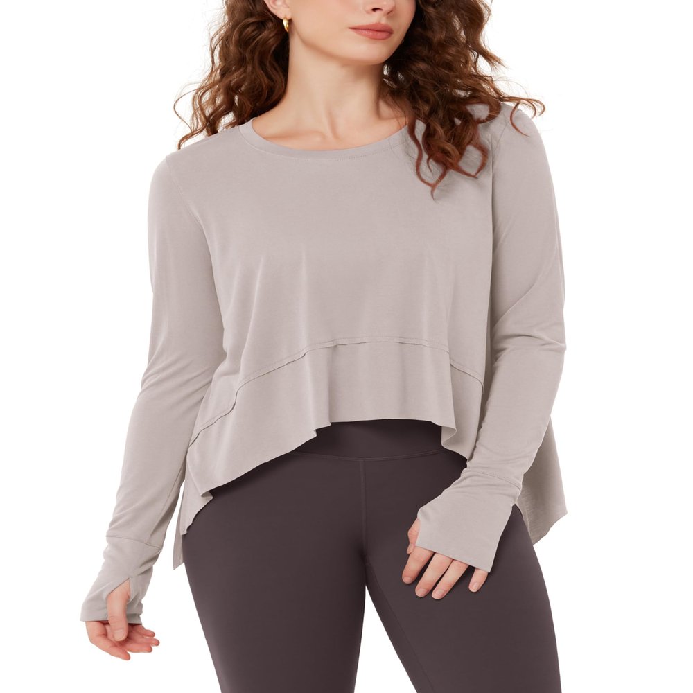 ODODOS Long Sleeve Tee for Women with Thumb Hole Athletic Gym Workout Crop Tops Yoga Shirts, Light Beige, Large