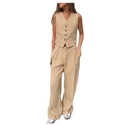 Bestgift Slim vest pants two-piece suit pleated high-waisted suit Khaki S