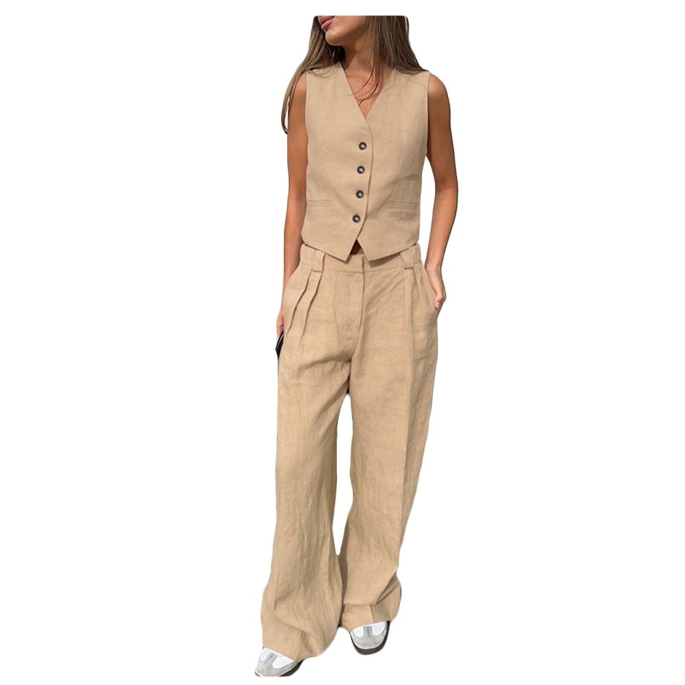 Bestgift Slim vest pants two-piece suit pleated high-waisted suit Khaki S