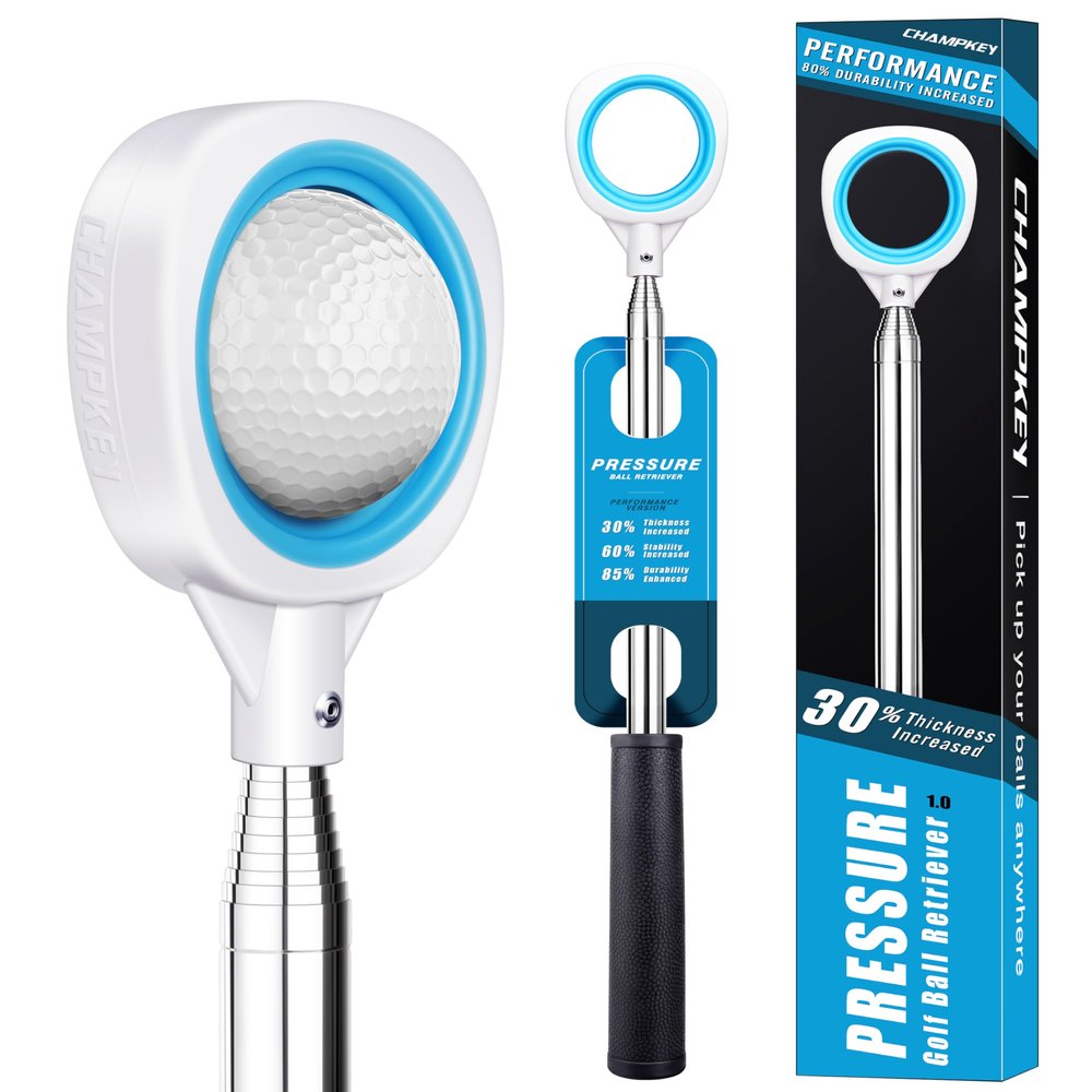 CHAMPKEY Pressure Golf Ball Retriever Performance Version - Thicken Stainless Steel Shaft with Rubber Grip Golf Retriever - Available in 9Ft / 12Ft / 14.5Ft / 16.3Ft