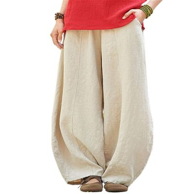 DMOYALA Womens Linen Pants Barrel Solid Beige Casual Loose Cotton Linen Wide Leg Baggy Lantern Trouser Flowy Elastic Waist Hippie with Pockets for Women 5XL