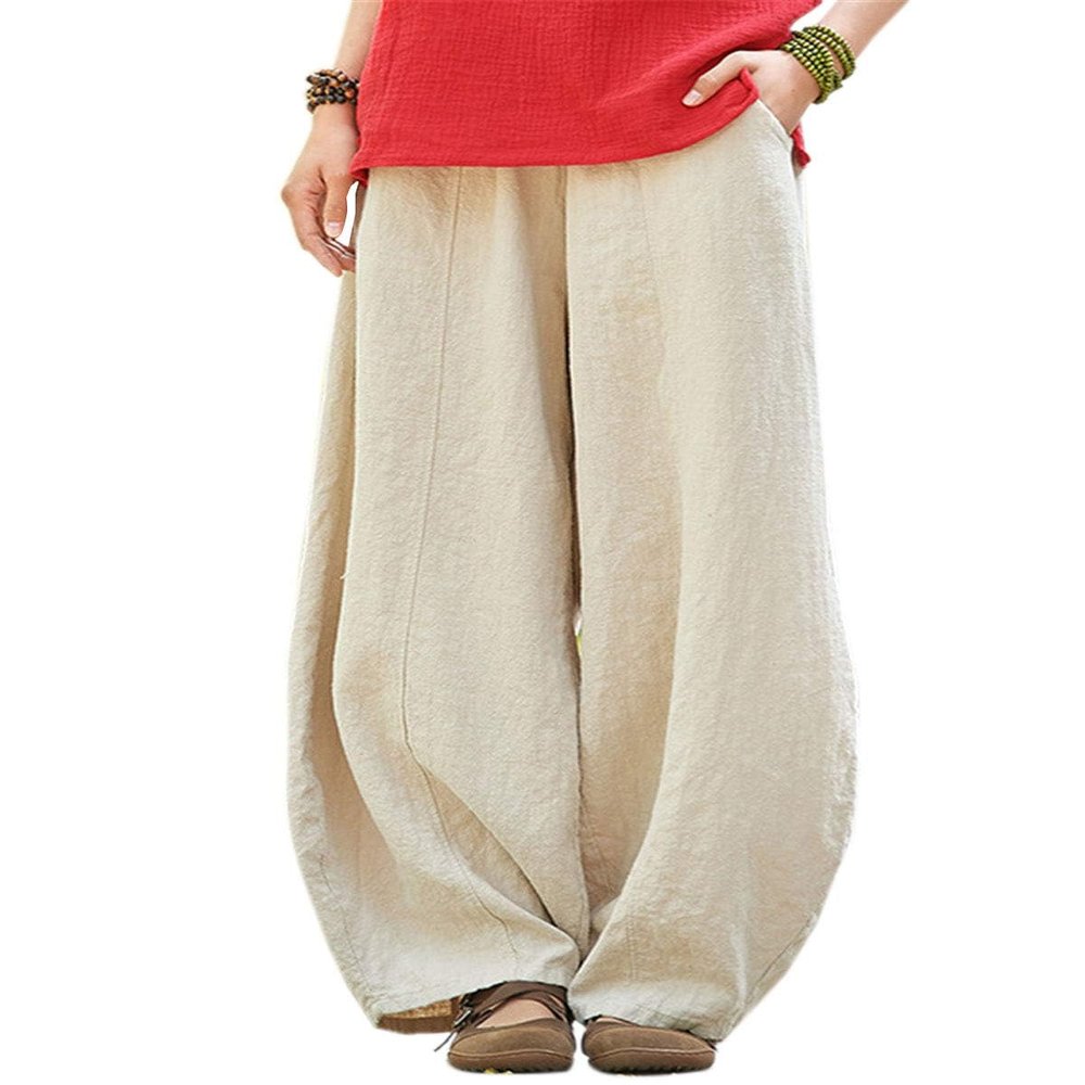 DMOYALA Womens Linen Pants Barrel Solid Beige Casual Loose Cotton Linen Wide Leg Baggy Lantern Trouser Flowy Elastic Waist Hippie with Pockets for Women 5XL