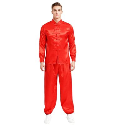 KKmeter Mens Martial Arts Suit Chinese Traditional Tang Suit Long Sleeve Yoga Top with pants Clothes Outfit (Red, Medium)