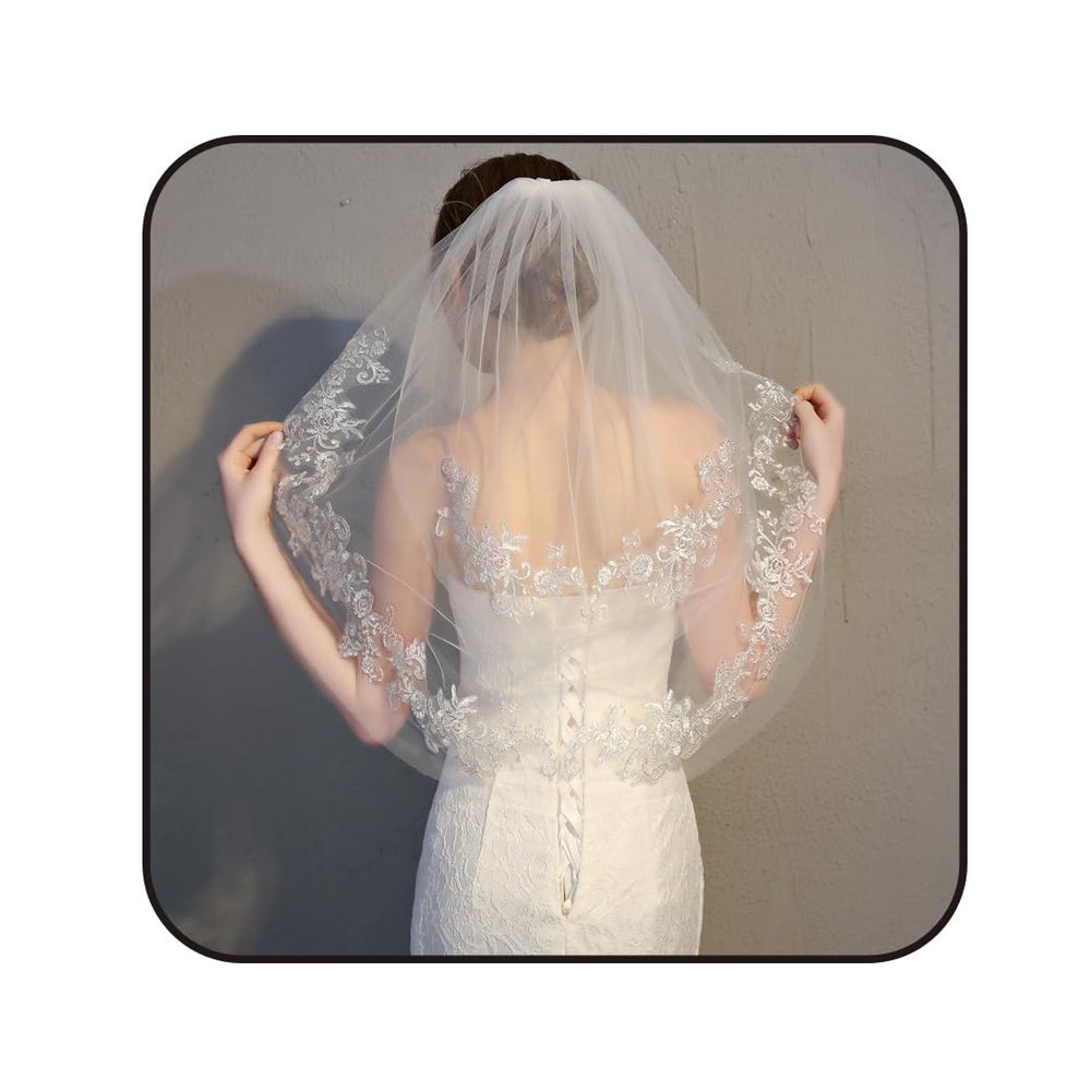 Flimire Flower Lace Wedding Veil 2 Tier Short Bridal Veils for Brides White Waist Length Veil with Comb Soft Tulle (Ivory)