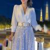 Elegant V-Neck Long Sleeve Shirt Leg Sequined Pants with Belt,Women's 2024 Fall Long Sleeve Wide Leg Jumpsuits (Red,L) view 3