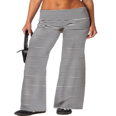 UAURORAO Fold Over Yoga Pants for Women Wide Leg Workout Sweatpants Y2k Striped Lounge Pants(Striped White,Large)