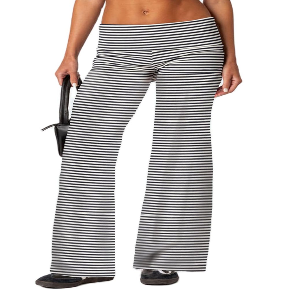 UAURORAO Fold Over Yoga Pants for Women Wide Leg Workout Sweatpants Y2k Striped Lounge Pants(Striped White,Large)