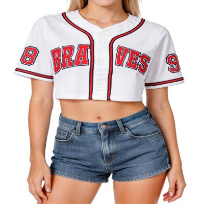 Womens Cropped 98 Baseball Jersey Button Down V-Neck Country Vintage Jersey Casual Sports Softball Shirt White