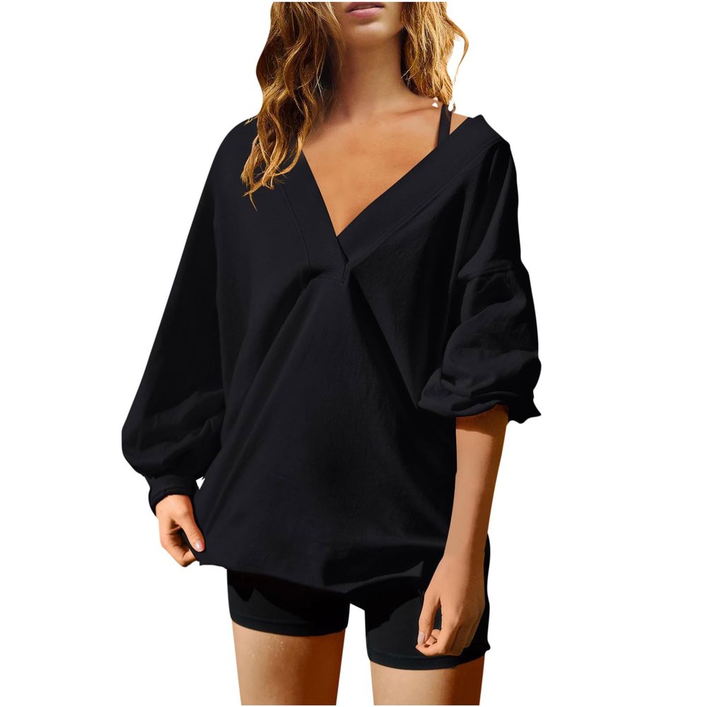 asntrgd Womens Oversized Sweatshirt Casual V Neck Long Sleeve Loose Tee Shirt Fashion Workout Tops Y2k Outfits Black