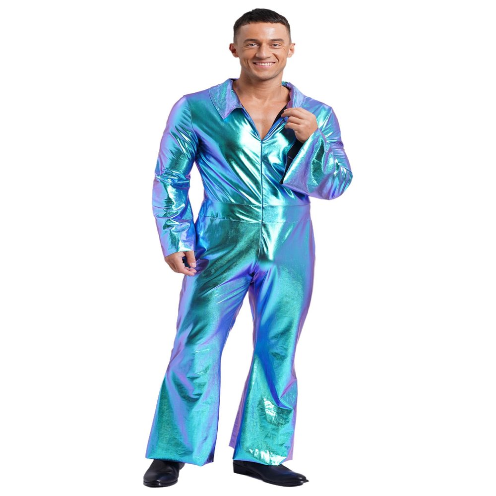 Lorilida Men's 70s Disco Costume Shiny Metallic Unitard Zentai Zipper Bodysuit One Piece Jumpsuits Blue Large