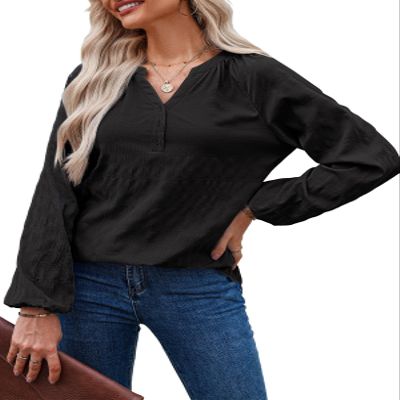 Dokotoo Long Sleeve Shirts for Women 2025 Fall Fashion V Neck Casual Blouses Dressy Ladies Textured Shirts Black Teacher Outfits Blouses Oversized Black Button Down Shirts Large