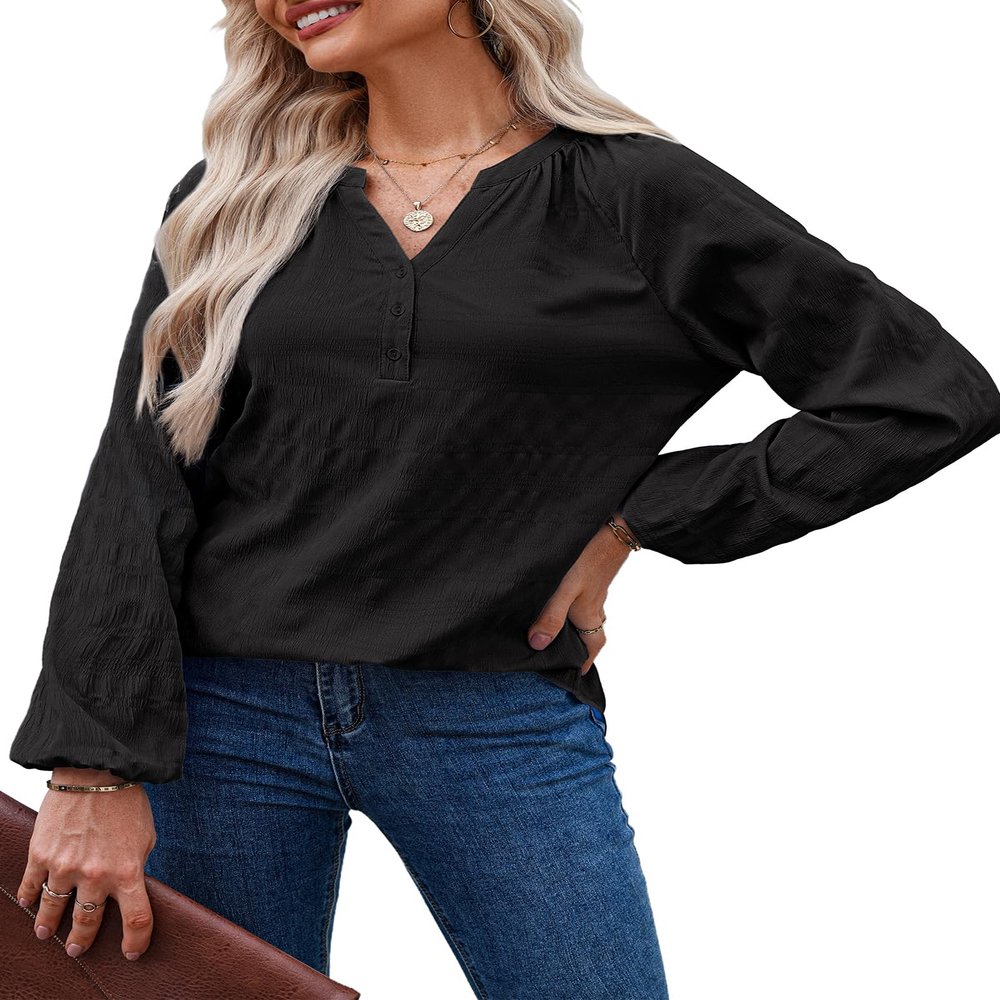 Dokotoo Long Sleeve Shirts for Women 2025 Fall Fashion V Neck Casual Blouses Dressy Ladies Textured Shirts Black Teacher Outfits Blouses Oversized Black Button Down Shirts Large