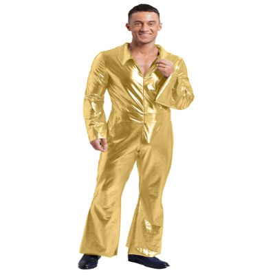 Lorilida Men's 70s Disco Costume Shiny Metallic Unitard Zentai Zipper Bodysuit One Piece Jumpsuits Gold Small