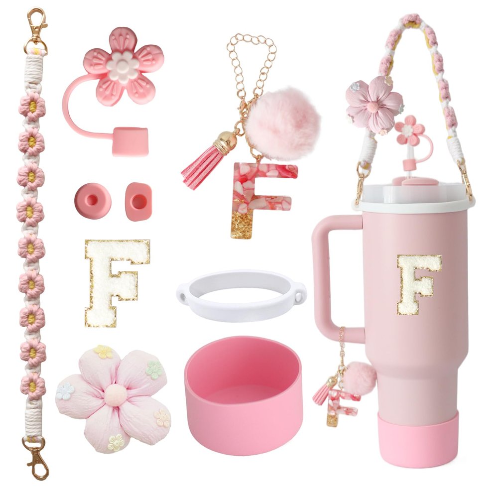 1ze1ziyo 9PCS Cup Accessories Set for Stanley Cup 30oz 40oz Tumbler - Including Water Bottle Handle Strap,Straw Cover Cap,Spill Proof Stoppers,Boot,Initials Letter Charm,Sticker, Flower,Letter F,Pink