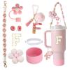 1ze1ziyo 9PCS Cup Accessories Set for Stanley Cup 30oz 40oz Tumbler - Including Water Bottle Handle Strap,Straw Cover Cap,Spill Proof Stoppers,Boot,Initials Letter Charm,Sticker, Flower,Letter F,Pink